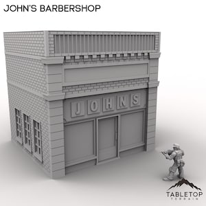 May include: A gray model of a brick building with a sign that reads "JOHNS" above a storefront with a door and windows. The building is a miniature model for tabletop gaming.