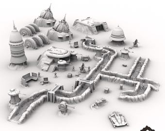 May include: A set of gray plastic modular trench pieces for tabletop gaming. The set includes various straight and curved trenches, a bridge, and several buildings. The set is designed to be used with a variety of tabletop games, including Star Wars.