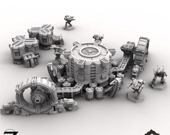 Puede incluir: Un modelo de central eléctrica futurista gris, detallado, con una turbina central y múltiples tuberías y tanques. El modelo está hecho de plástico y está diseñado para juegos de mesa.