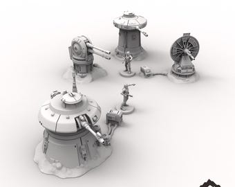 May include: A set of four gray plastic Rebel Turret models for tabletop gaming. The turrets are detailed with guns and other features. The set also includes two gray plastic figures.