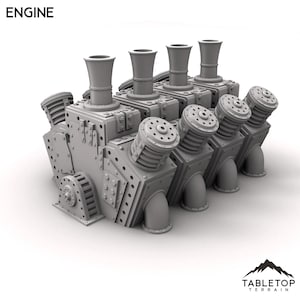 May include: A gray, detailed engine model with multiple cylinders and exhaust stacks. The word "ENGINE" is at the top left. The model has a mechanical design with rivets and circular components. The Tabletop Terrain logo is at the bottom right.
