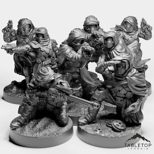May include: A group of detailed miniature figures, likely for tabletop gaming. The figures are clad in futuristic armor, hooded cloaks, and helmets, and are posed with weapons. The figures are on circular bases, and the overall aesthetic suggests a science fiction or post-apocalyptic theme.