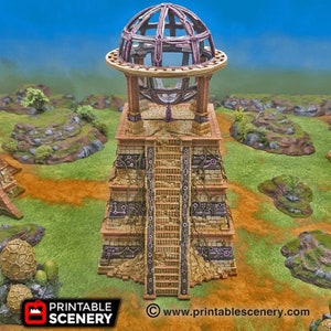 May include: A 3D printed model of a Mayan temple with a dome on top. The temple is made of brown and tan plastic and has a staircase leading up to the top. The dome is made of clear plastic and has a purple frame. The temple is surrounded by green grass and brown dirt.