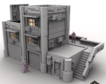 May include: A gray, futuristic-style building model labeled "NEOCITY BUILDING 7" with a "TABLETOP TERRAIN" logo. The model features multiple levels, windows, garage doors, and a rooftop area with a miniature figure.