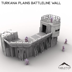 May include: A gray, futuristic-style wall with a tower and a rock formation. The wall has a series of doors and windows, and the tower has a railing and a ladder. The wall is designed for tabletop gaming.