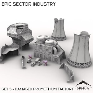 Epic Sector Industry - Set 5 - Damaged Promethium Factory - 6mm 8mm Mech Wargames Tabletop Terrain Compatible with Small Scale Epic Wargames