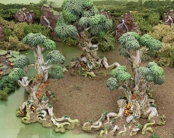 May include: Three intricately detailed, miniature, green, leafy trees with brown, gnarled roots and branches. The trees are arranged in a circle on a brown, dirt-like surface. The trees are painted with a realistic, textured finish.