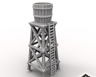 May include: A gray water tower model with a wooden barrel-shaped tank and a ladder. The tower has a wooden frame with an X-shaped design. The text "WATER TOWER" is at the top. The model is designed for tabletop terrain.