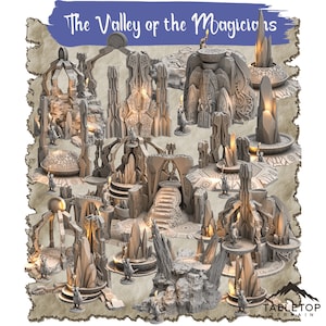 May include: A collection of 3D printed miniature fantasy buildings and structures, featuring intricate details and a light gray color scheme. The structures are arranged on a parchment-like background with the text "The Valley of the Magicians" at the top.