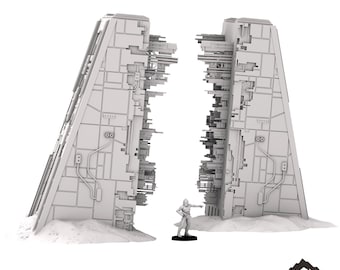 May include: A 3D printed model of a narrow passageway, made of gray plastic. The passageway is 28-35mm wide and is designed for use in tabletop games.