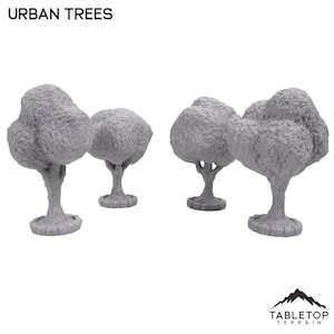 Puede incluir: Cuatro árboles en miniatura grises con corteza texturizada y copas redondeadas. Los árboles están colocados sobre bases circulares. La imagen se titula "Urban Trees".