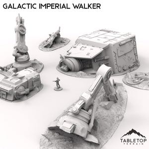 Puede incluir: Un conjunto de piezas de terreno de ciencia ficción de plástico gris impresas en 3D para juegos de mesa. Las piezas son un caminante imperial caído, una pierna rota y un panel de control. Las piezas están diseñadas para ser utilizadas en un juego futurista o de temática espacial.