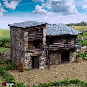 May include: A detailed model of a stone farmhouse with a wooden door, a ladder, and a balcony. The farmhouse has a grey slate roof and is surrounded by a grassy field.