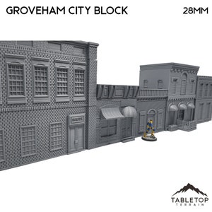 Könnte beinhalten: Ein graues 28-mm-Stadtblockmodell mit einer Bank, einem Geschäft mit einer Markise und einem zweistöckigen Gebäude. Das Modell ist aus Kunststoff und für Tabletop-Spiele konzipiert.