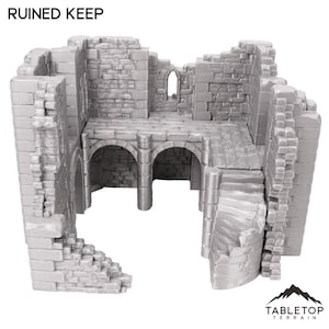 May include: A gray, 3D printed, ruined keep model for tabletop gaming. The keep has a crumbling stone wall, a broken staircase, and arched doorways.