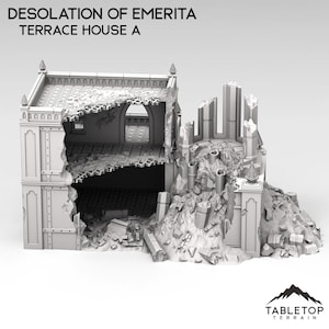 May include: A grayscale miniature of a ruined terrace house, labeled "Desolation of Emerita Terrace House A." The model shows a partially destroyed building with visible interior details, rubble, and architectural elements. The Tabletop Terrain logo is visible.