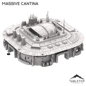 May include: A detailed 3D printed model of a large, multi-level cantina building. The model is made of grey plastic and features a variety of details, including a retractable roof, multiple levels, and a variety of windows and doors. The model is labelled "MASSIVE CANTINA" at the top.