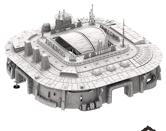 May include: A detailed 3D printed model of a large, multi-level cantina building. The model is made of gray plastic and features a variety of details, including a retractable roof, multiple levels, and a variety of windows and doors. The model is labeled "MASSIVE CANTINA" at the top.