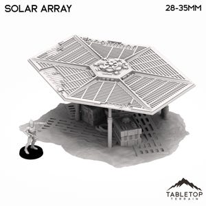 May include: A white plastic model of a solar array, 28-35mm in size, with a hexagonal base and a grid-like top. The model is on a gray, textured surface.