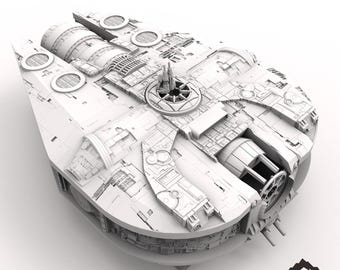 May include: A white 3D printed model of a spaceship, a smuggling freighter, with a detailed exterior and multiple engines. The model is designed for tabletop gaming.