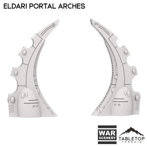 Puede incluir: Dos arcos de portal Eldar blancos para juegos de mesa. Cada arco tiene un diseño curvo con líneas detalladas y formas geométricas. El texto "ELDARI PORTAL ARCHES" está en la parte superior. Los arcos están diseñados para escenarios de guerra.