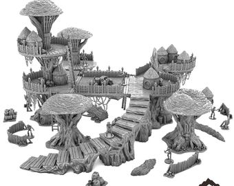 Op de afbeelding: Een gedetailleerd model van een boomhutdorp, met meerdere niveaus, loopbruggen en kleine gebouwen. Het model is gemaakt van grijs plastic en is ontworpen voor tabletop gaming.