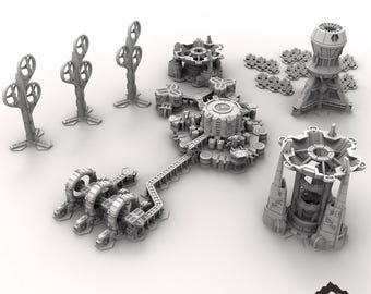 Puede incluir: Un conjunto completo de edificios en miniatura impresos en 3D de color gris para juegos de mesa. El conjunto incluye un complejo energético, turbinas eólicas y otras estructuras industriales. El conjunto está etiquetado como "Power Complex" y "Complete Set".