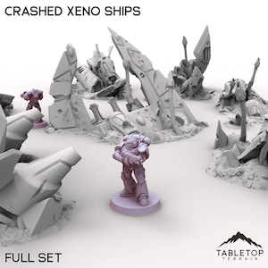Può includere: Un set completo di terreno da tavolo con navi aliene schiantate e miniature. La scena include componenti di navi frammentati, figure dettagliate e il testo "CRASHED XENO SHIPS" e "FULL SET". Le figure sono su piccole basi rotonde.