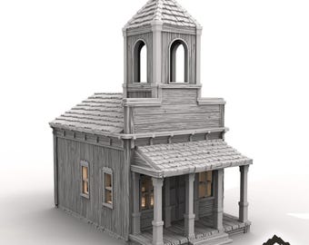 Może przedstawiać: Szary drewniany model kościoła z wieżą, łukowymi oknami i gankiem. Słowo "CHURCH" znajduje się w lewym górnym rogu. Logo Tabletop Terrain znajduje się w prawym dolnym rogu.