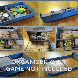 May include: Blue plastic organiser for the board game "Caverna: The Cave Farmers". The organiser has multiple compartments for storing game pieces and cards. The text "ORGANIZER ONLY GAME NOT INCLUDED" is printed on the organiser.