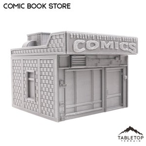 Puede incluir: Un modelo 3D impreso en gris de una tienda de cómics con un letrero que dice "Stanley's Astonishing House of Comics".