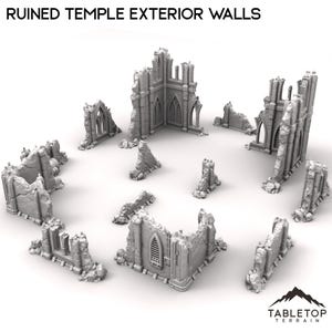 Ruined Temple Exterior Walls - Tabletop Terrain Grimdark Gothic Miniature Wargame Sci-Fi 28mm 32mm