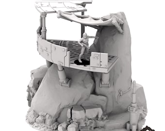 May include: A 28-35mm scale perimeter guard post with a roof and a small platform. The post is made of gray plastic and is designed to be used in tabletop games.