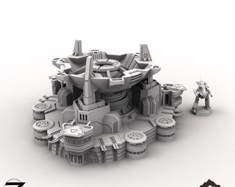 Puede incluir: Un modelo de terreno de mesa impreso en 3D de estilo futurista y ciencia ficción gris, que representa una baliza retraída. La baliza tiene una torre central con una plataforma circular y varias torres más pequeñas alrededor de la base. La baliza está sobre un fondo blanco.
