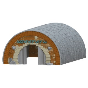 May include: A gray and orange brick tunnel entrance with a blue inscription that reads "NOVIVIVIV", featuring two large gray doors.