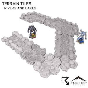 May include: A set of grey, hexagonal terrain tiles designed for tabletop gaming. The tiles feature a river or lake design, with raised edges and a textured surface. The tiles are arranged in a curved path, with two miniature figures standing on the tiles.