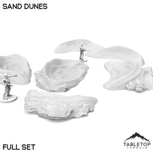May include: A full set of white sand dune terrain pieces for tabletop gaming. The set includes five different dune shapes, all with a realistic textured surface.