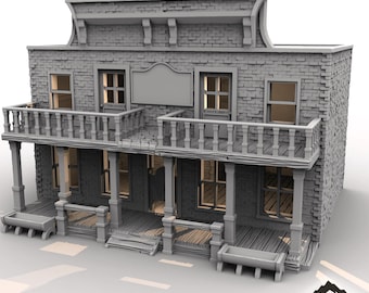 May include: A gray, two-story saloon model with a weathered brick facade, balconies, and a blank sign. The word "SALOON" is at the top left. The model has a rustic, western theme, perfect for tabletop gaming.