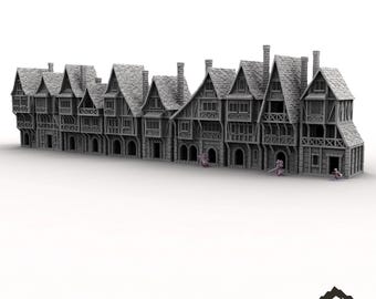 Casas Lineales Medievales - Terreno de Mesa Fantasía DND Miniatura Juego de Rol Wargame 28 mm 32 mm