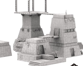 Op de afbeelding: Een 3D-geprint model van een modulair Imperial Military Prefab-gebouw, een sci-fi-terreinstuk voor tabletop-games. Het model heeft een verhoogd platform met een loopbrug en een toren met meerdere niveaus en ramen.