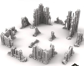 Ruined Temple Exterior Walls - Tabletop Terrain Grimdark Gothic Miniature Wargame Sci-Fi 28mm 32mm