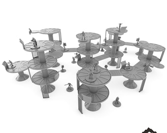 Op de afbeelding: Een grijze, meerlaags, ronde platformset met een futuristisch ontwerp. Het platform is gemaakt van plastic en is ontworpen voor tabletop gaming. De set bevat meerdere platforms, loopbruggen en kleine figuren.
