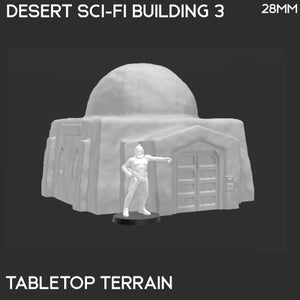 Pu&ograve; includere: Un edificio di fantascienza desertico stampato in 3D con un tetto a cupola e una figura. L'edificio ha una base rettangolare con una porta e finestre ad arco. I testi "DESERT SCI-FI BUILDING 3" e "TABLETOP TERRAIN" sono visibili. La figura &egrave; alta circa 2,8 cm.