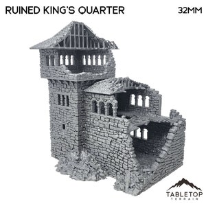 May include: A gray, 32mm scale, ruined stone building with a tower and a collapsed section. The building has a detailed stone texture and is designed for tabletop gaming.