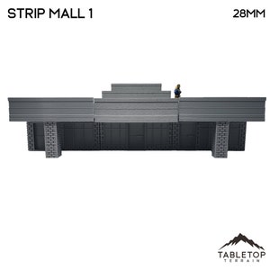 Puede incluir: Un modelo de centro comercial de plástico gris a escala 28 mm con tres fachadas de tiendas. El modelo está diseñado para juegos de mesa y juegos de guerra en miniatura.