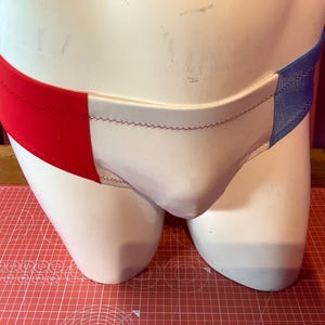Pode incluir: Maiô branco, vermelho e azul com um design de blocos de cores contrastantes. O maiô é feito de um tecido liso e elástico.
