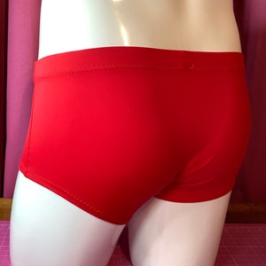 May include: Red swimming trunks with a simple design. The trunks are made of a smooth, stretchy fabric.
