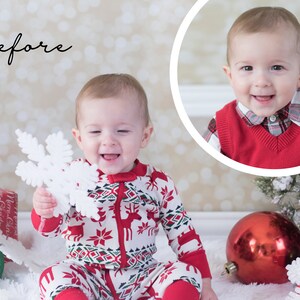 May include: A baby boy wearing a red and white Christmas pajamas with a reindeer pattern is holding a white snowflake. He is sitting on a white fluffy surface with a red and green Christmas ornament and a red Christmas ornament.