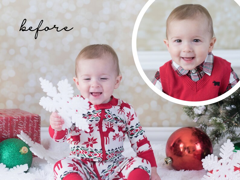 May include: A baby boy wearing a red and white Christmas pajamas with a reindeer pattern is holding a white snowflake. He is sitting on a white fluffy surface with a red and green Christmas ornament and a red Christmas ornament.