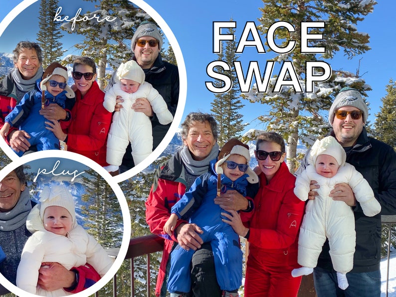 May include: A group of five people, including two adults and three children, are standing in front of a snowy mountain landscape. The adults are wearing winter clothing, and the children are wearing white snowsuits. The text "FACE SWAP" is written in large, bold letters above the group. The text "before" is written in a circle above the left side of the group, and the text "plus" is written in a circle below the left side of the group.
